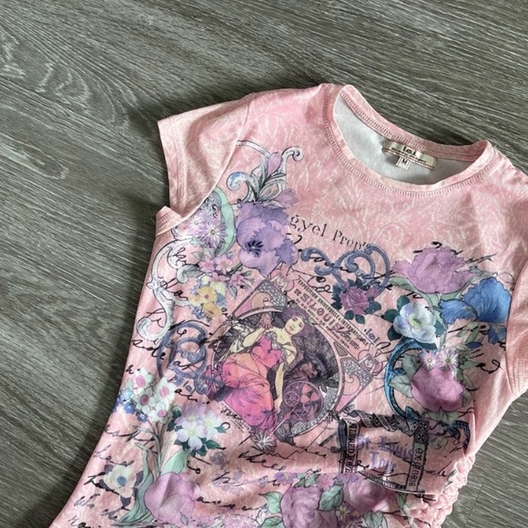 Vintage y2k pink graphic print side tie adjustable tee top - Picture 2 of 6